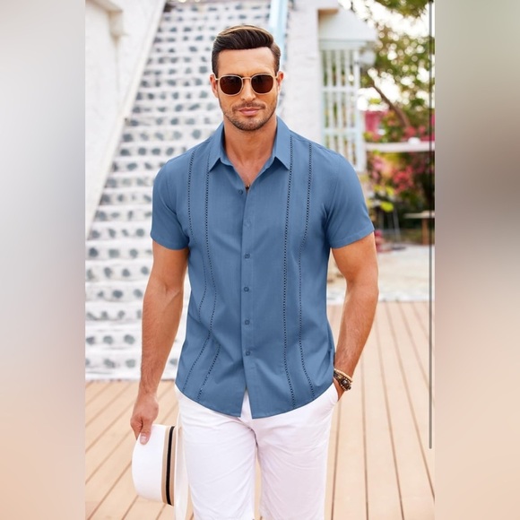 Cuban Guayabera Blue Short Sleeve Button Down Linen Shirt, NIP - Picture 2 of 10